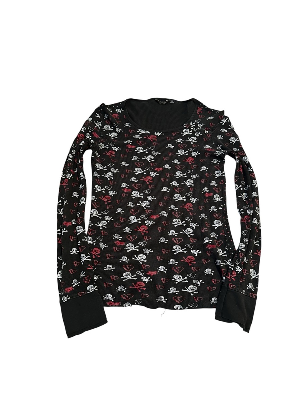 Fox Racing Black Waffle Knit Top Hearts Skulls Print Y2K Emo Grunge Skater Goth
